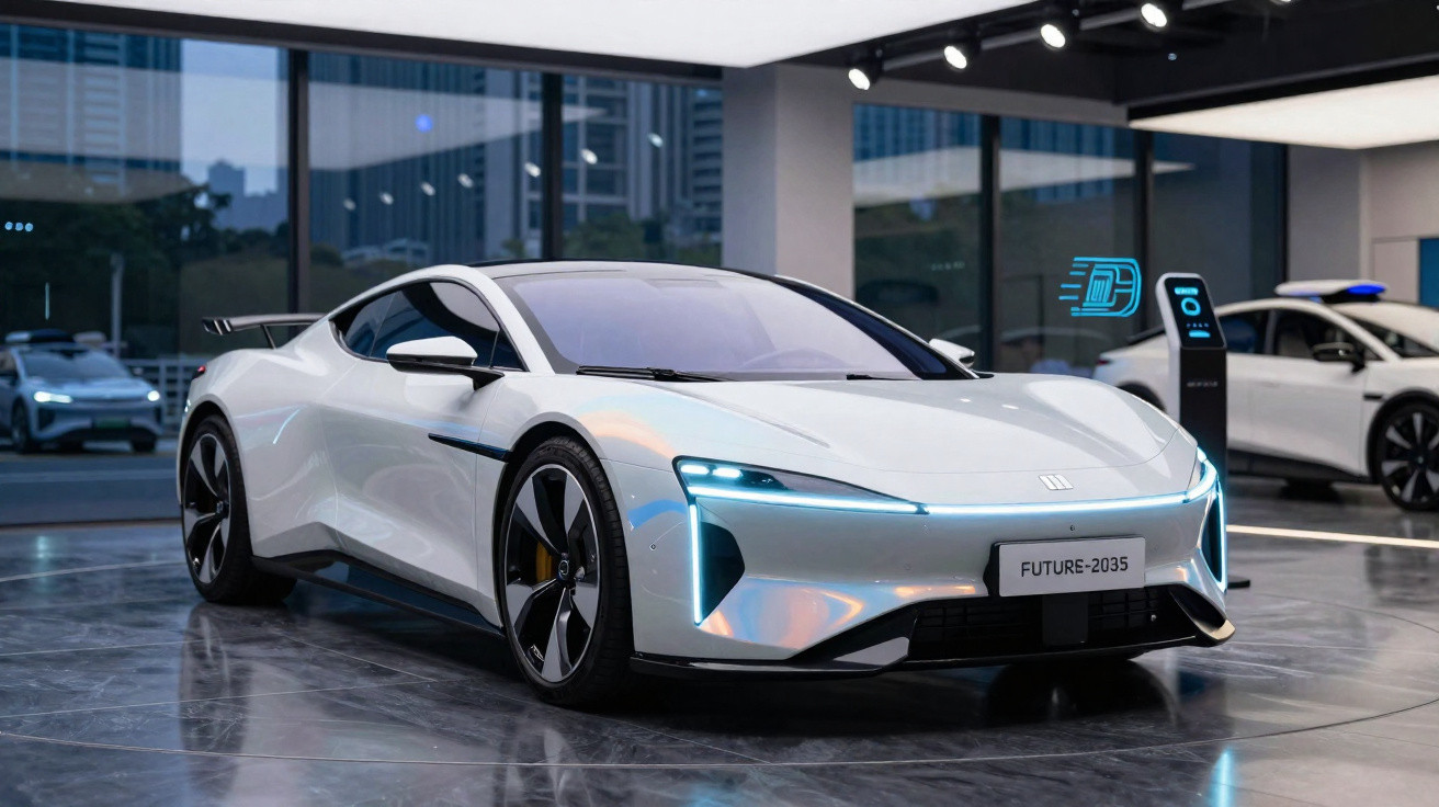 Carro esportivo branco futurista em exposição com luzes de LED ligadas em showroom moderno.
