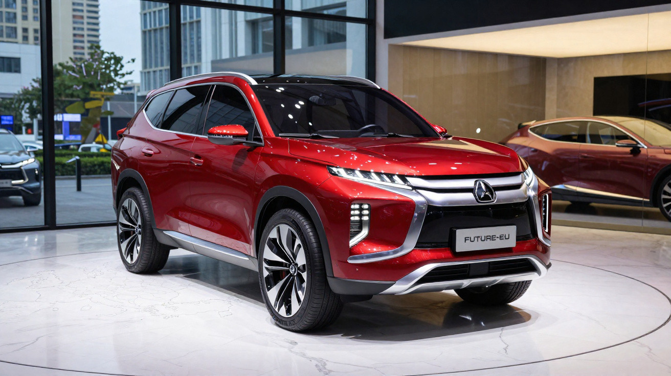 SUV vermelho futurista exposto em salão de automóveis com design moderno e elegante.