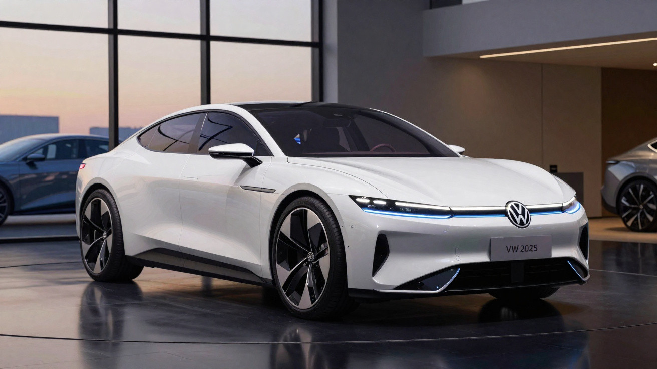 Carro elétrico branco da Volkswagen modelo VW 2025 exibido em showroom moderno com iluminação suave.