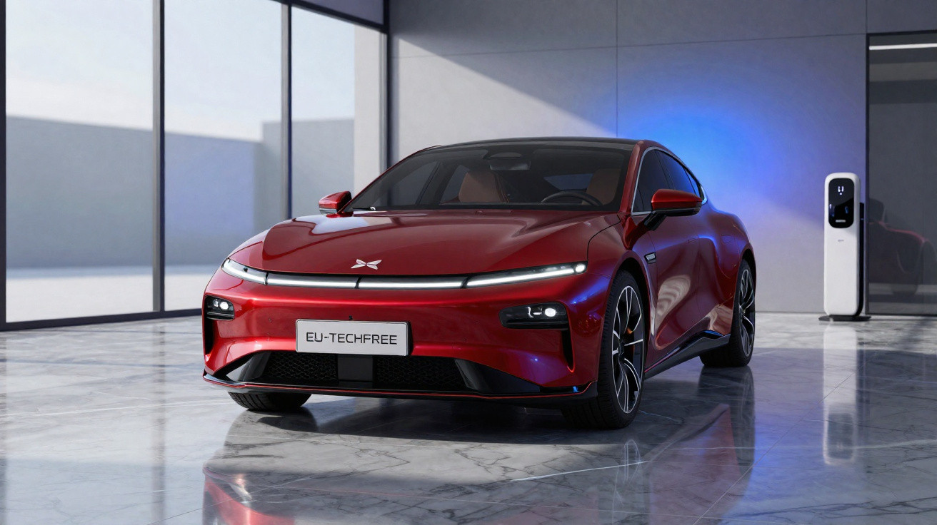 Carro elétrico vermelho estacionado ao lado de carregador em ambiente interno moderno.