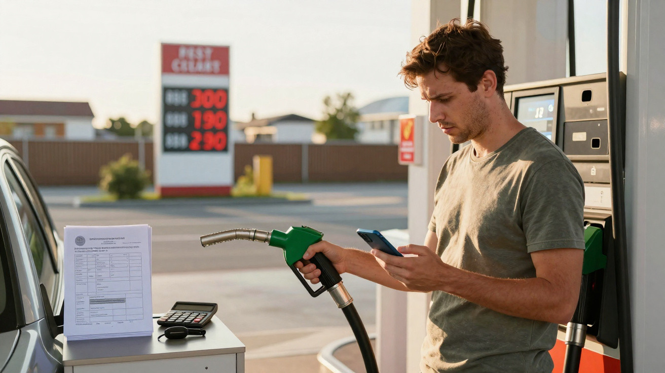 Homem abastecendo carro em posto de gasolina enquanto consulta celular.