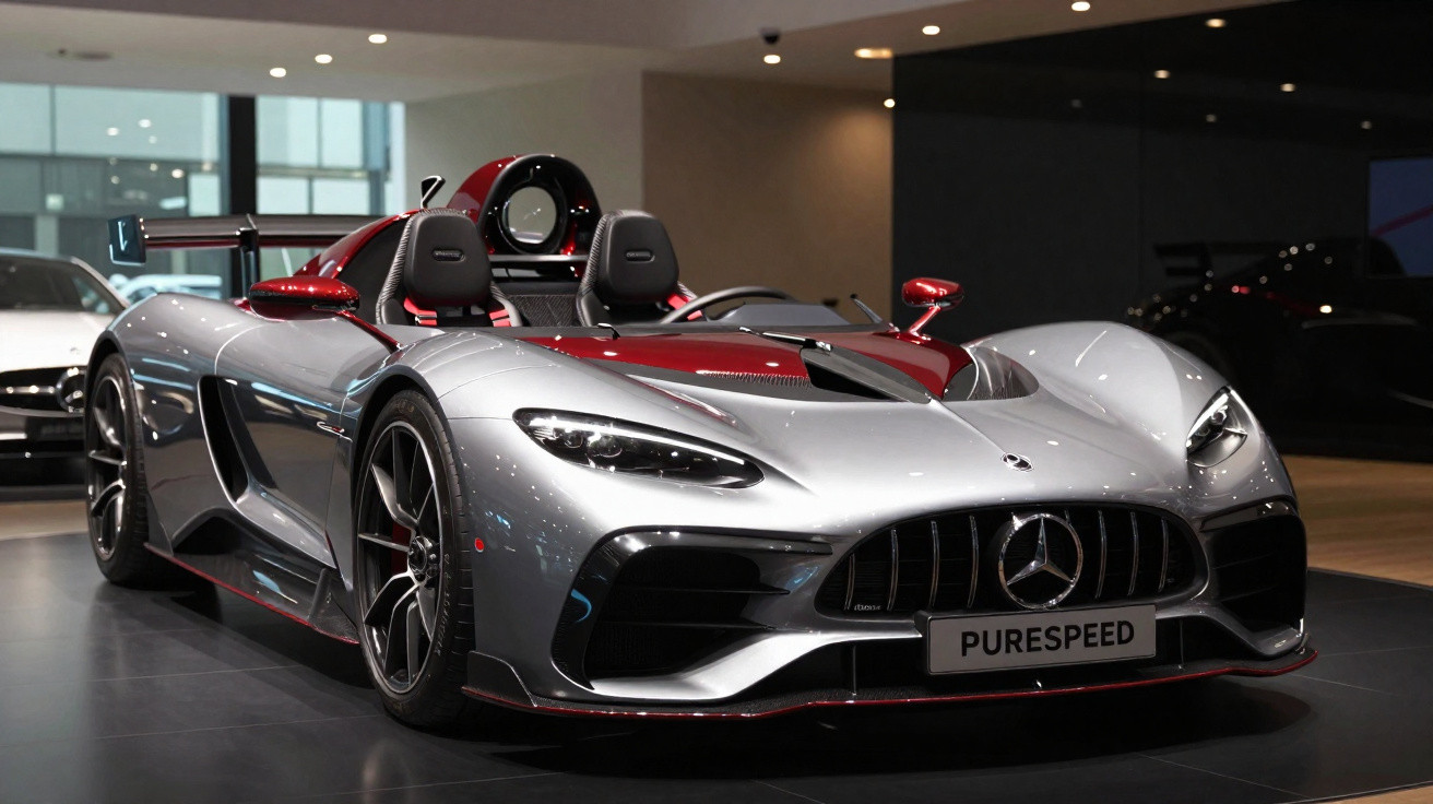 Carro esportivo Mercedes-Benz prata e vermelho, modelo conversível com dois assentos, em showroom.