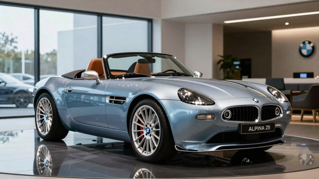 Carro conversível BMW Alpina Z8 prata exibido em showroom moderno com interior marrom.