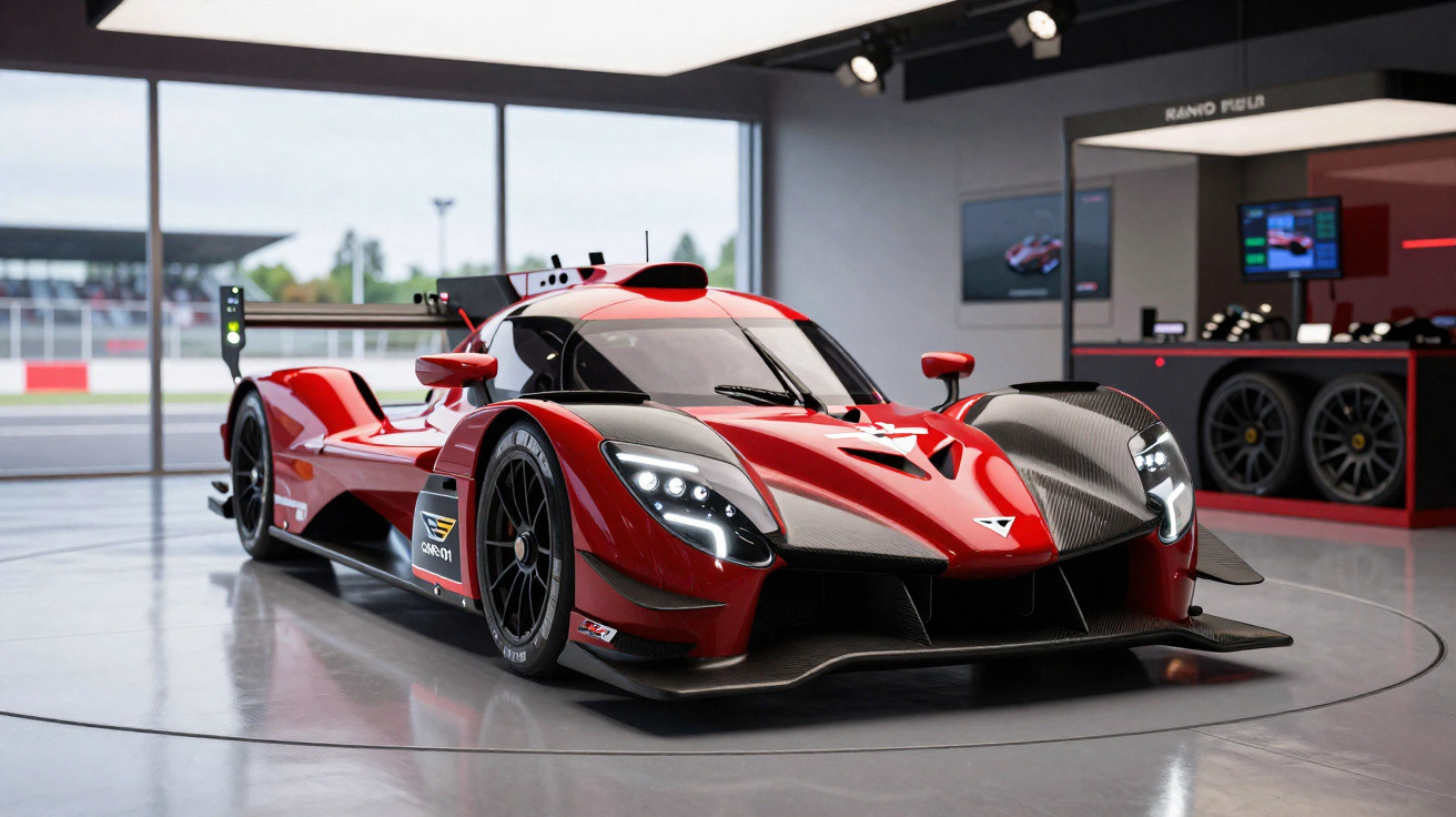 Carro de corrida vermelho e preto em vitrine de showroom moderno com paredes de vidro e iluminação branca.