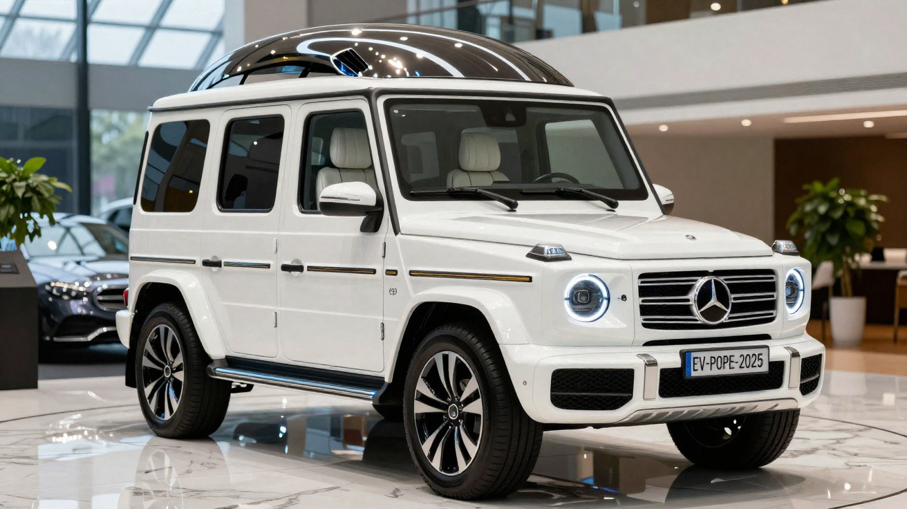 Carro SUV Mercedes-Benz branco estacionado em ambiente interno moderno com piso de mármore.