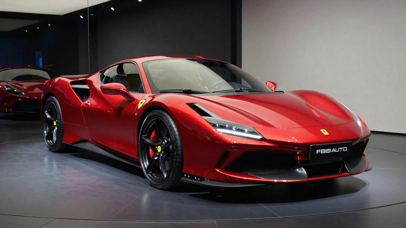 Carro esportivo Ferrari vermelho com rodas pretas exposto em ambiente moderno e iluminado.
