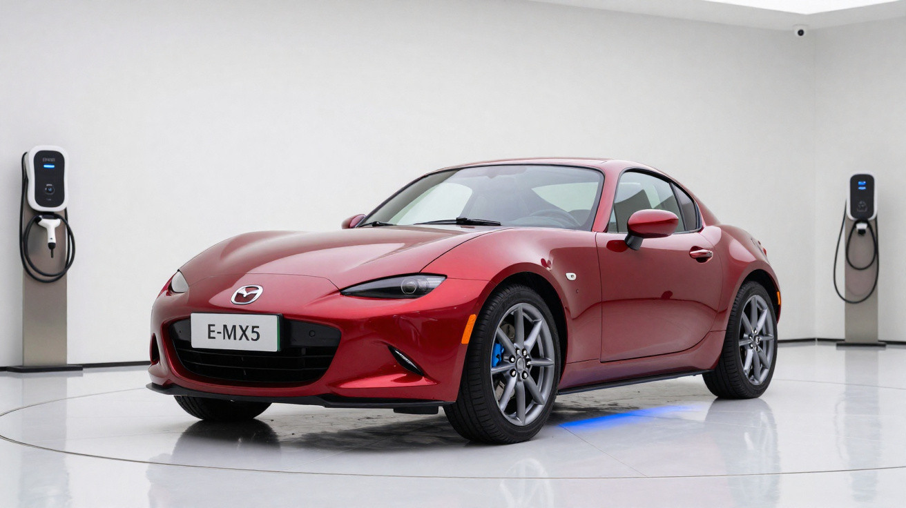 Carro esportivo vermelho Mazda E-MX5 estacionado em sala branca com duas estações de carregamento elétrico nas paredes.