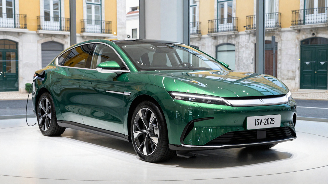 Carro elétrico verde metálico plugado para recarga em exposição urbana com prédios ao fundo.