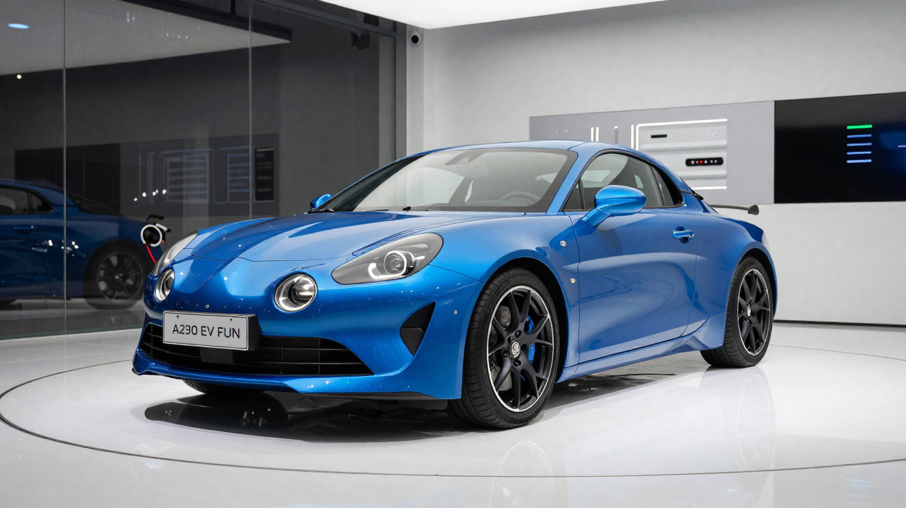 Carro esportivo azul A290 EV FUN estacionado em ambiente moderno e minimalista.