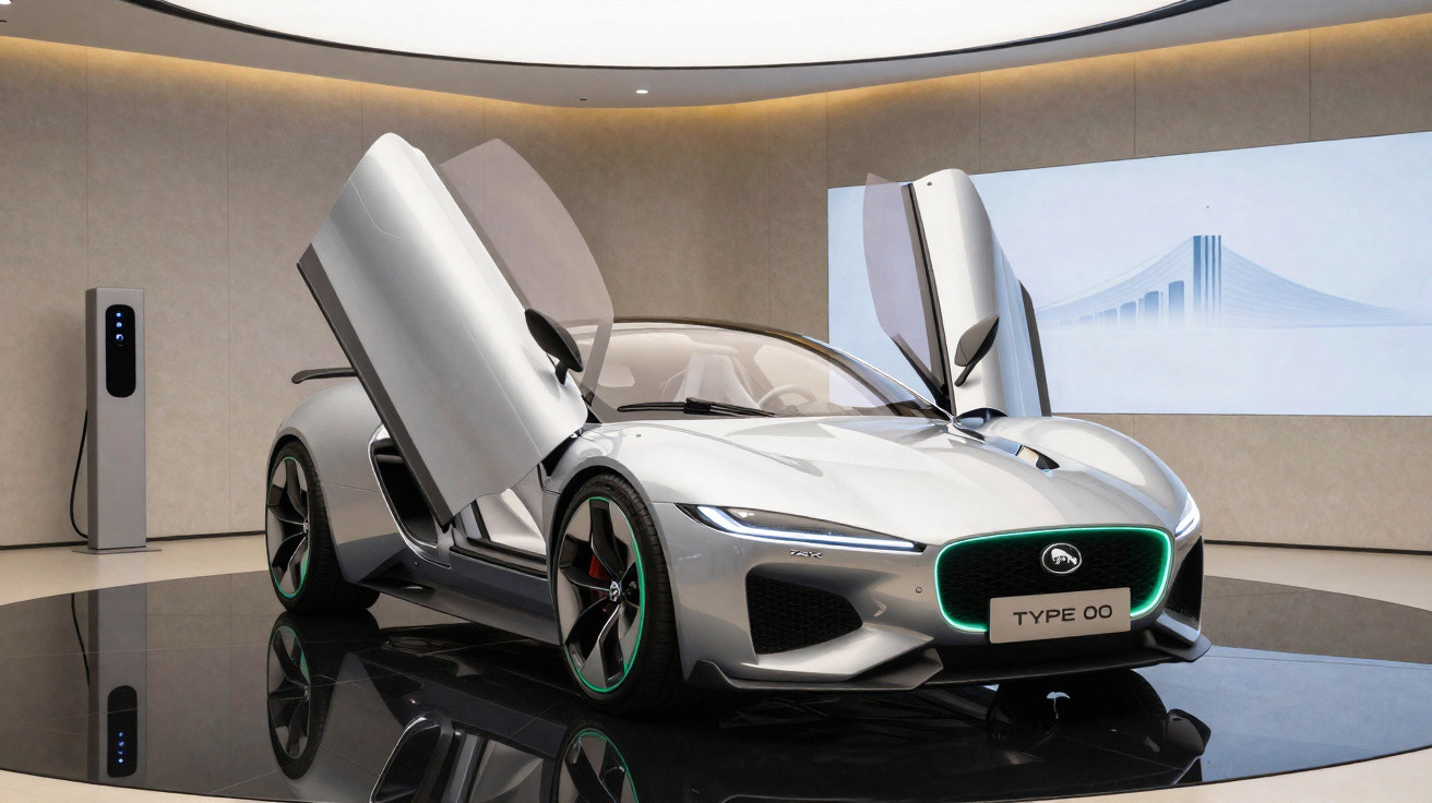 Carro esportivo elétrico cinza com portas estilo tesoura abertas e estação de carregamento interna.