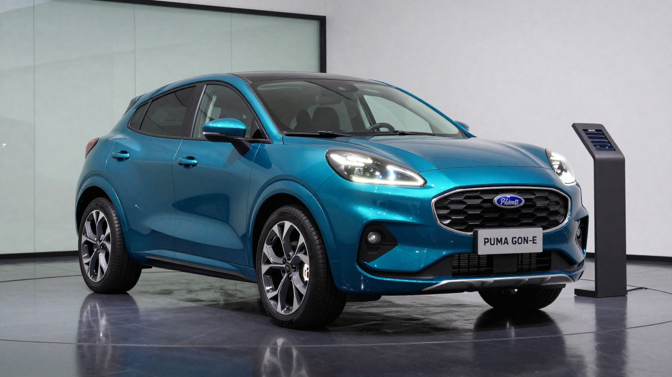 Carro elétrico azul Puma GON-E em exposição, com painel eletrônico ao lado, em ambiente interno branco.