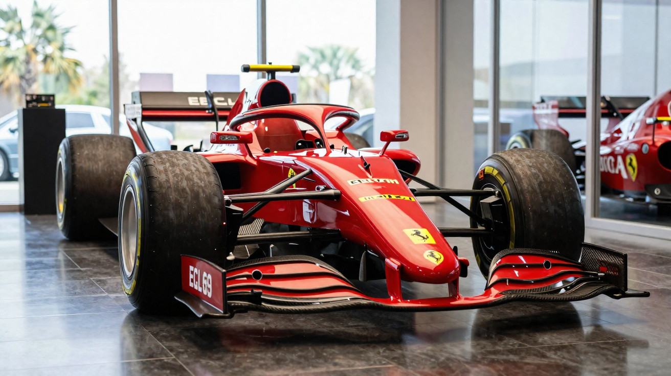 Carro de Fórmula 1 vermelho da Ferrari exposto em área interna com piso de porcelanato escuro.