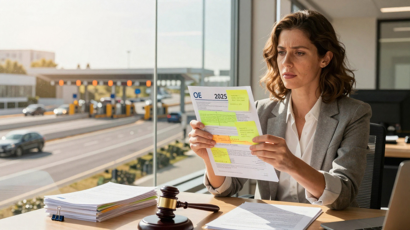 Mulher em escritório lendo documento com anotações coloridas, martelo de juiz na mesa e vista para estrada.
