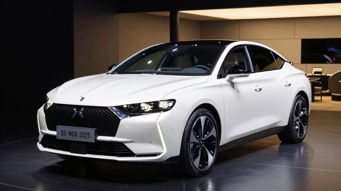 Carro branco elegante DS Automobiles DS 4 em exibição com iluminação interna amarela.
