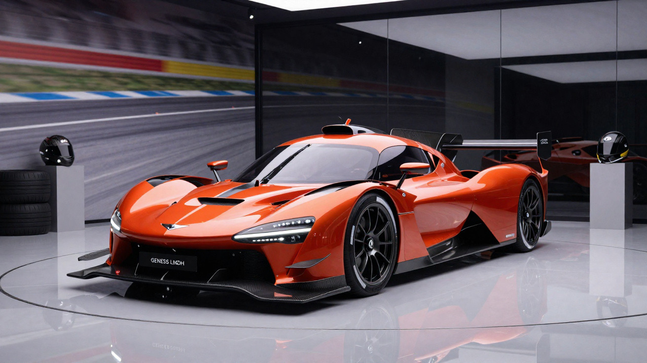 Carro esportivo de corrida laranja com design aerodinâmico exposto em espaço moderno com vidro e pneus.