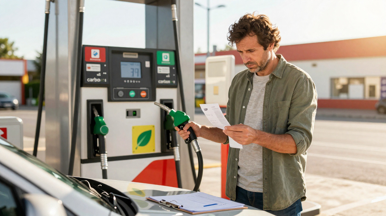 Homem conferindo nota fiscal enquanto abastece carro em posto de gasolina.