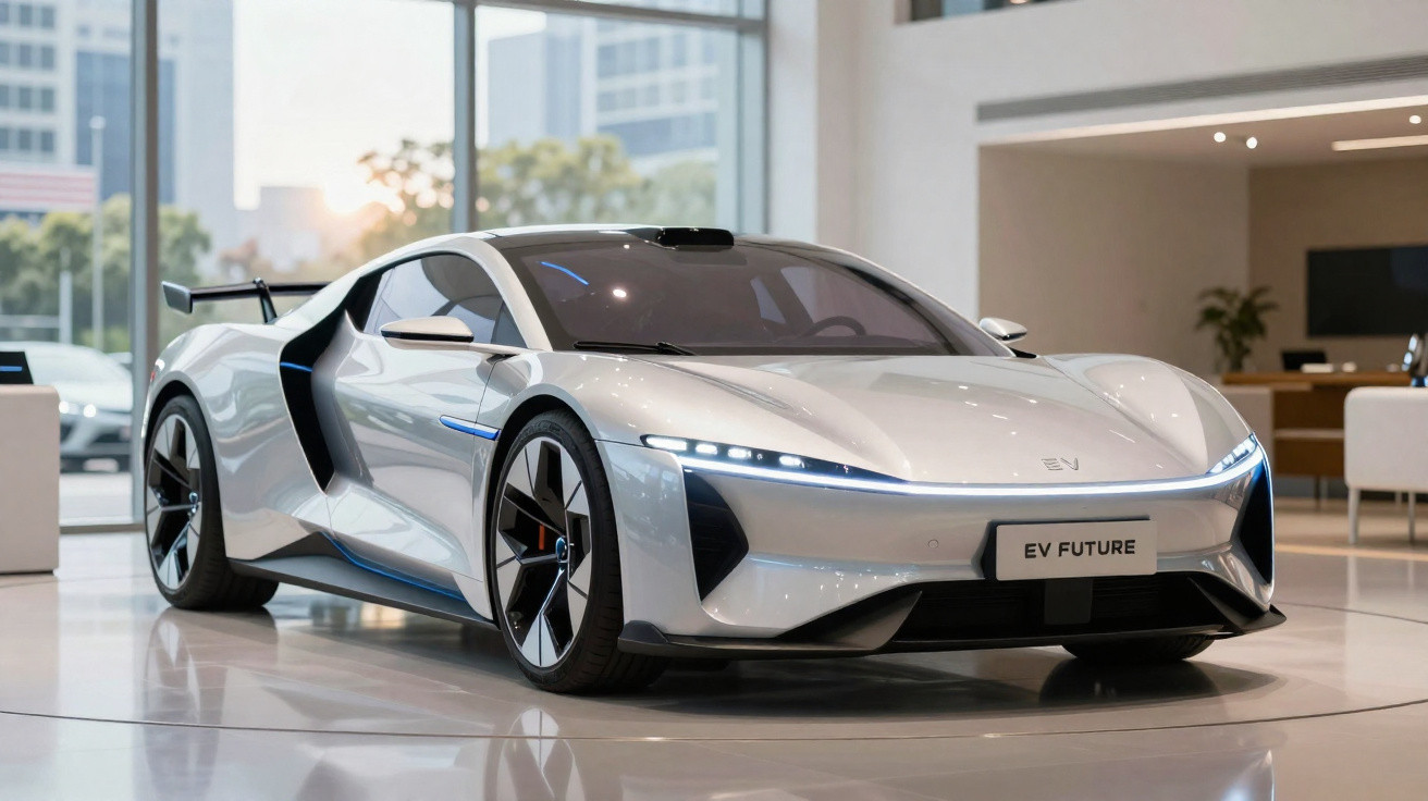 Carro esportivo elétrico prateado futurista em exposição dentro de showroom moderno iluminado.