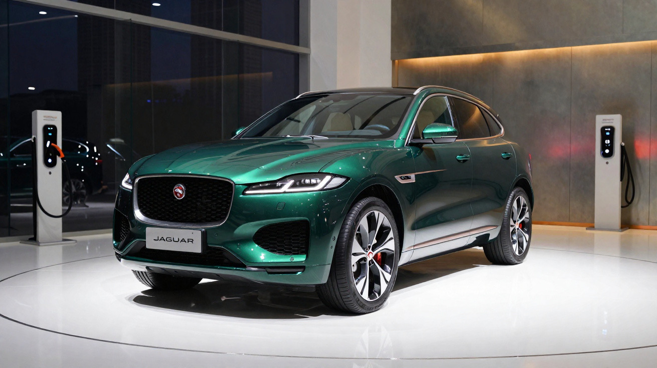 Carro SUV elétrico verde Jaguar em exposição, com estações de carregamento ao fundo em ambiente interno.