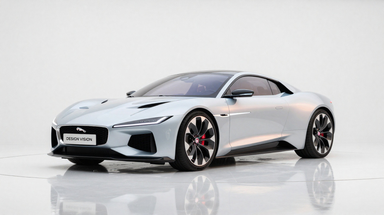 Carro esportivo prata futurista em estúdio com design aerodinâmico e rodas grandes estilizadas.