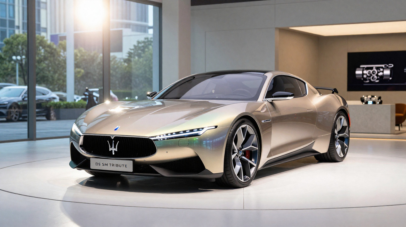 Carro esportivo Maserati DS SM Tribute dourado exposto em ambiente moderno e iluminado.