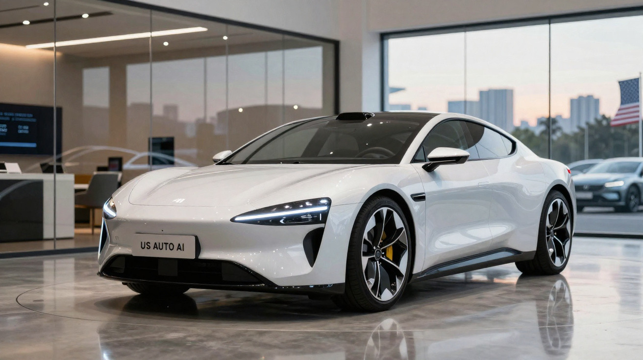 Carro esportivo elétrico branco exibido em showroom moderno com janelas amplas e piso refletivo.