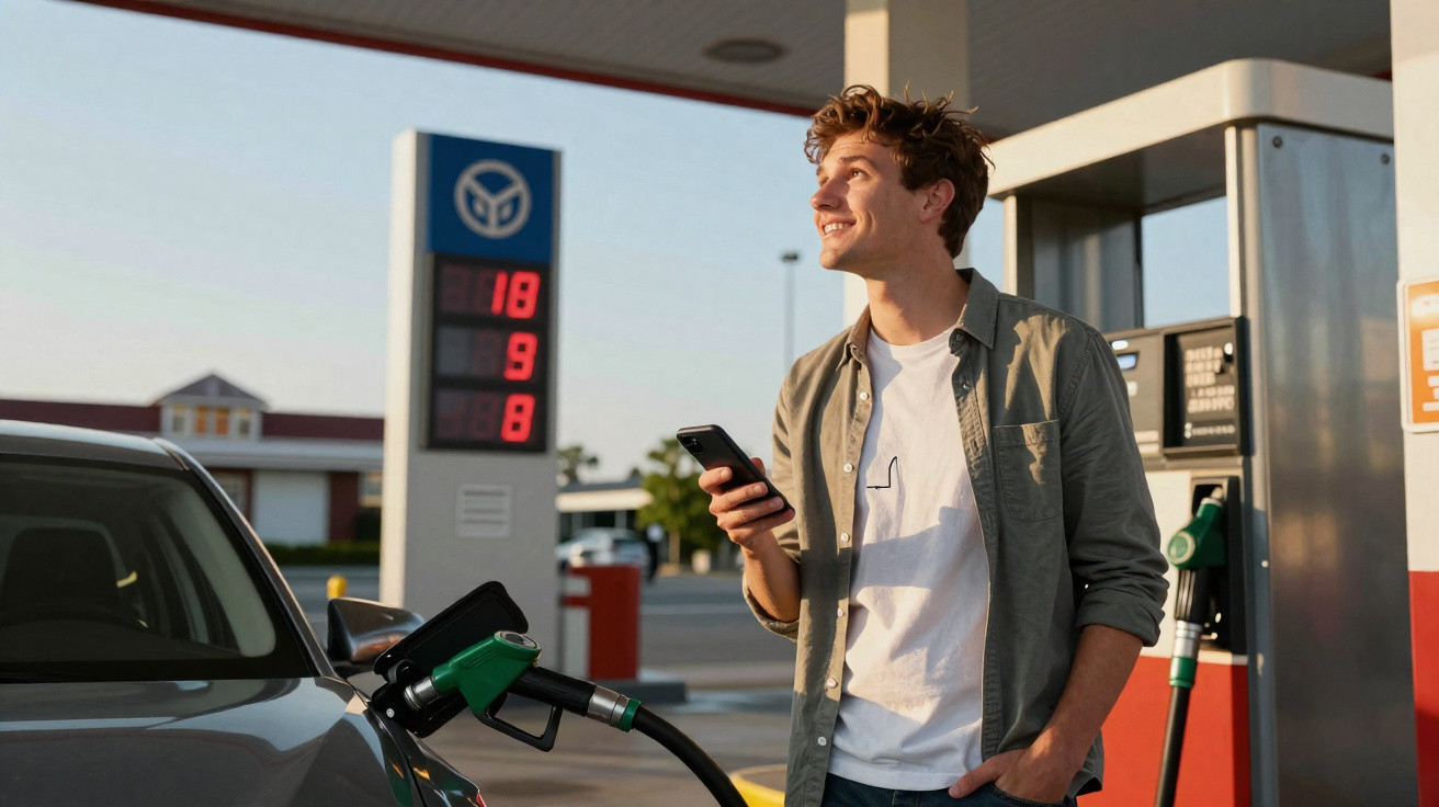 Homem sorridente usando celular enquanto abastece carro em posto de gasolina ao entardecer.