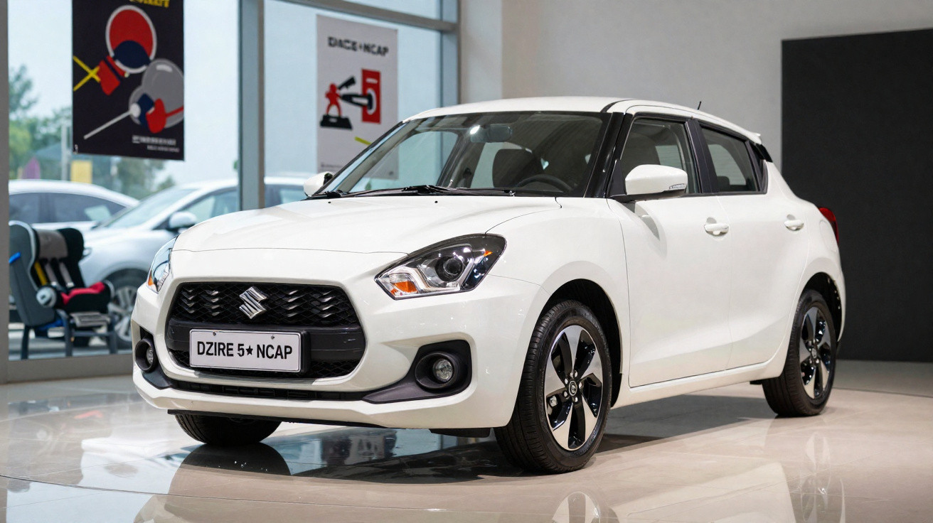 Carro branco Suzuki Dzire exibido em salão com destaque para a placa 5 estrelas NCAP.