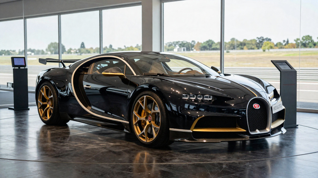 Carro esportivo Bugatti Chiron preto com detalhes dourados em exibição em salão moderno com vidro.