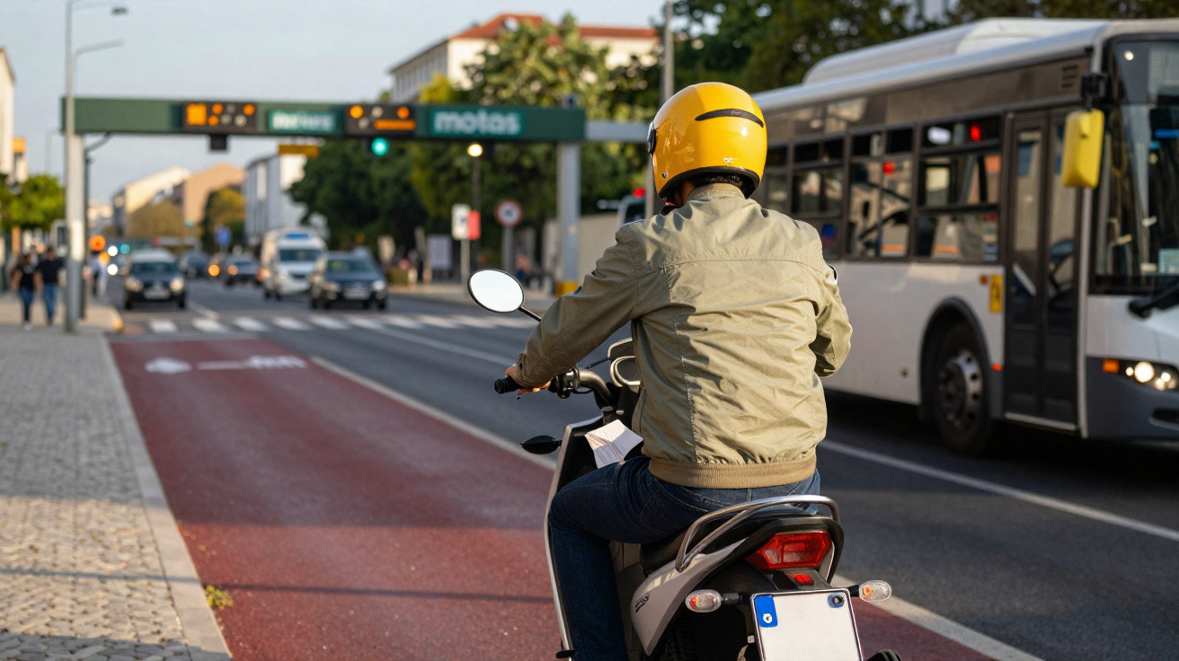Motociclista com capacete amarelo parado em faixa vermelha na rua, ônibus e carros ao fundo.