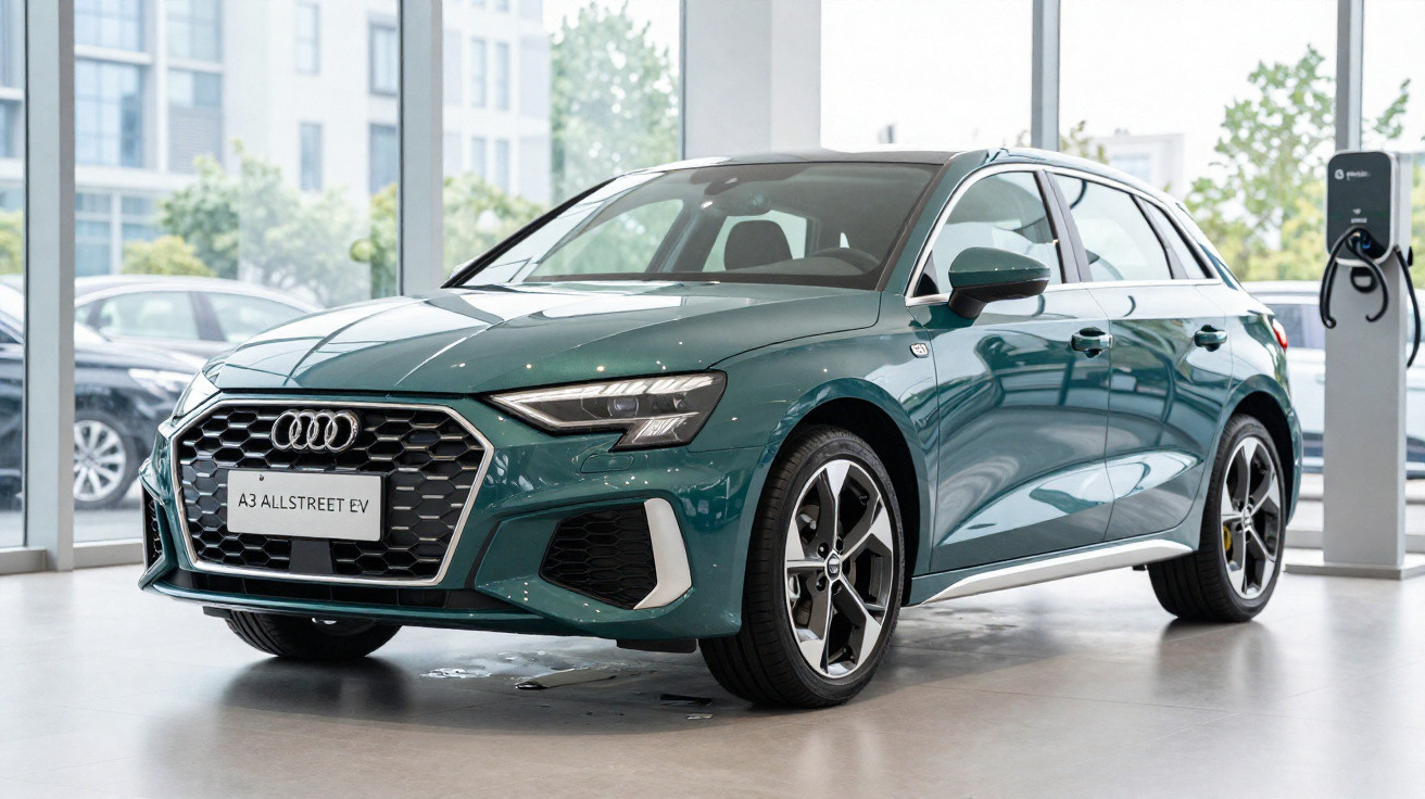 Carro elétrico Audi A3 Allstreet EV verde em exibição dentro de showroom moderno com janelas amplas.