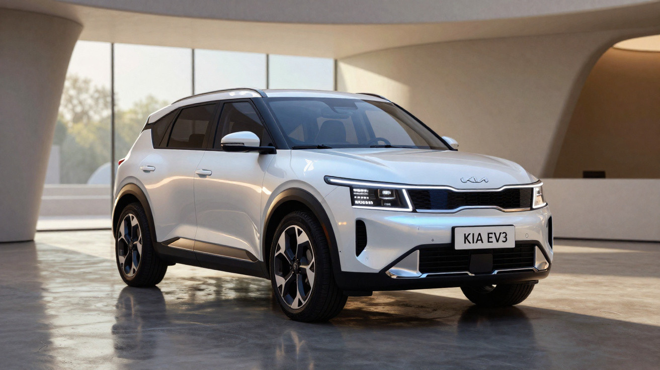 SUV elétrico branco Kia EV3 estacionado em ambiente interno moderno com chão refletivo.