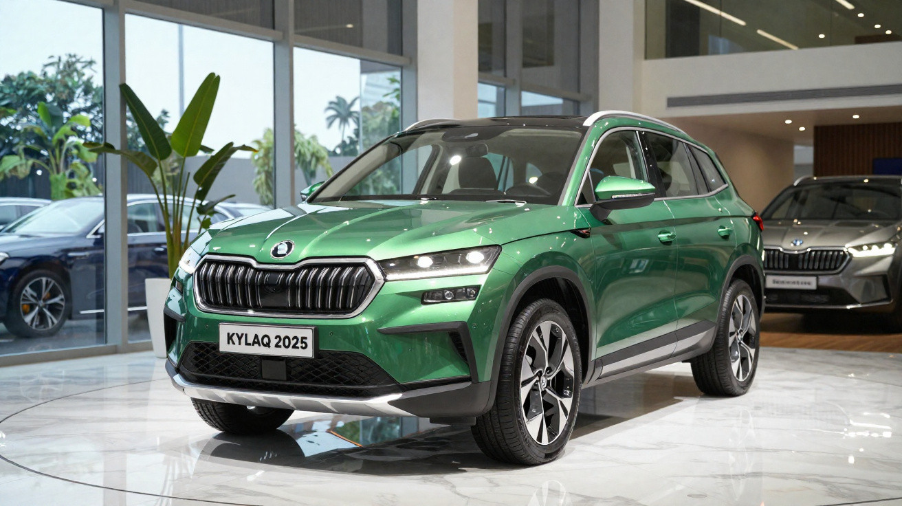 Carro SUV verde metálico Škoda Kylak 2025 exposto em showroom moderno e iluminado.