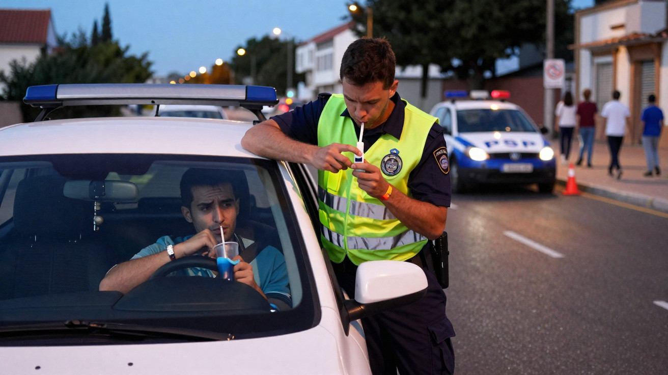 Policial realizando teste do bafômetro em motorista parado durante blitz em rua urbana ao anoitecer.