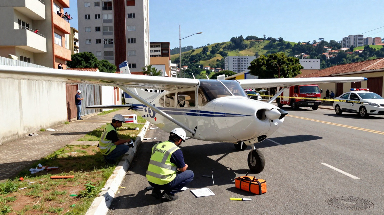 Avião pequeno branco parado na rua com equipe de emergência e carros de socorro ao redor.