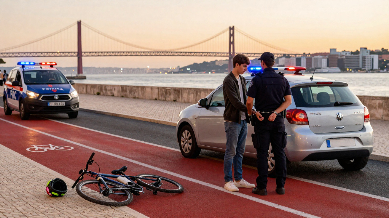 Policial prende jovem ao lado de carro prata e bicicleta caída em ciclovia à beira rio ao pôr do sol.