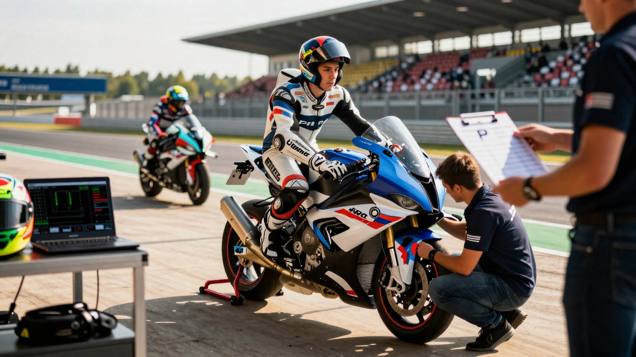 Piloto de moto em pista, com equipe técnica ajustando a motocicleta antes da corrida.
