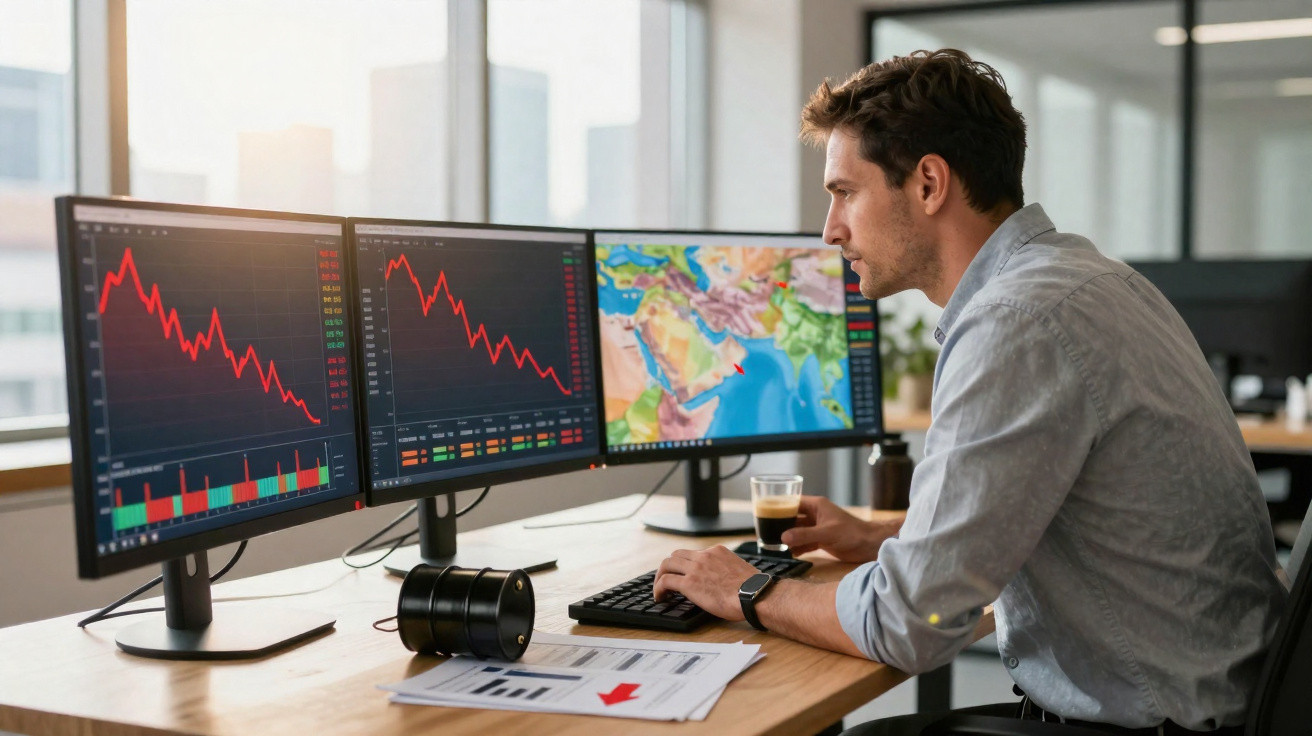 Homem sentado olhando gráficos financeiros em dois monitores, com mapa em terceiro monitor ao fundo.