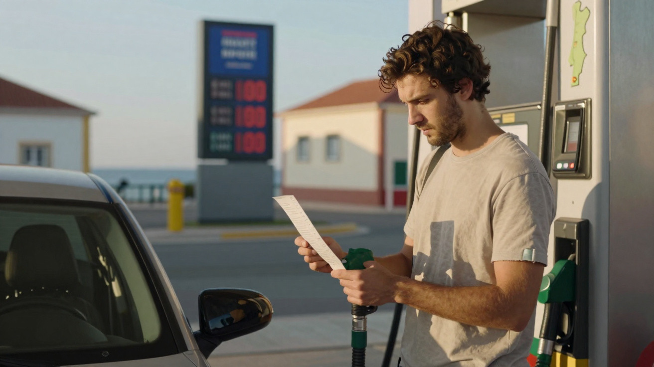 Homem parado no posto de gasolina conferindo nota fiscal enquanto abastece carro.