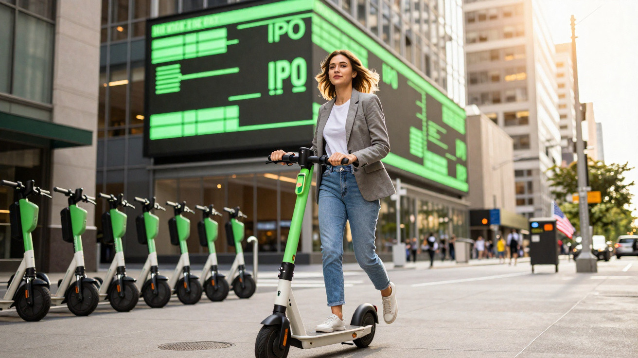 Mulher veste blazer cinza e calça jeans andando de patinete elétrico em área urbana com prédios ao fundo.