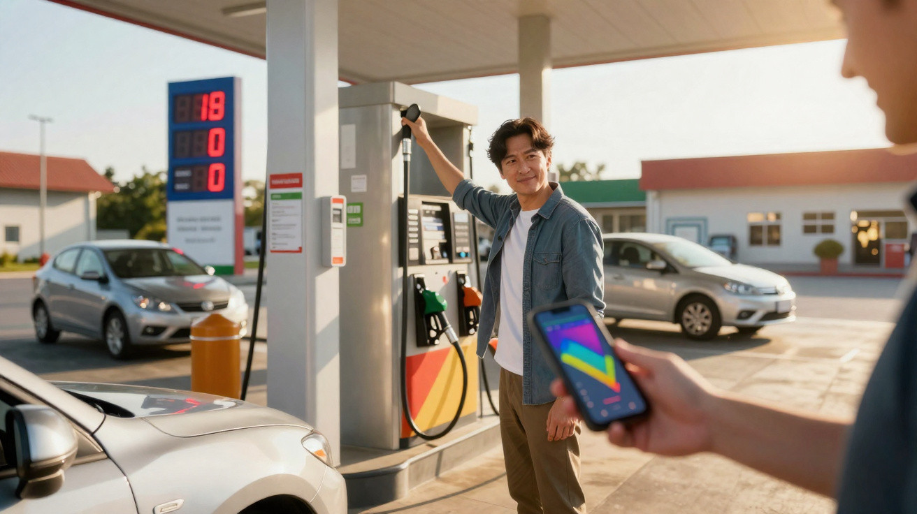 Homem segura bomba de combustível na mão em posto de gasolina enquanto outro usa celular ao fundo.