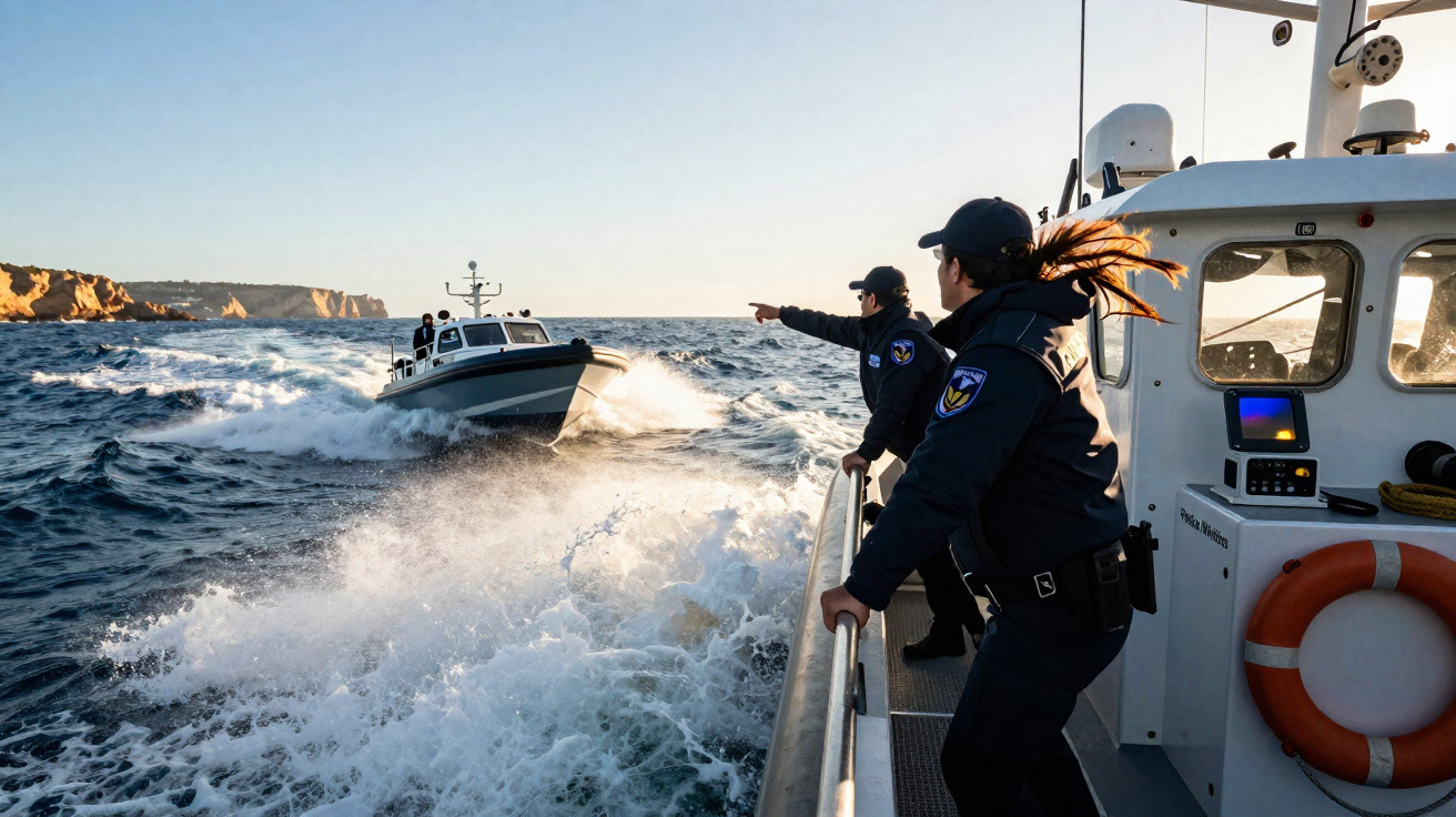 Agentes da guarda costeira em barco observando e apontando para outra embarcação em mar agitado ao pôr do sol.