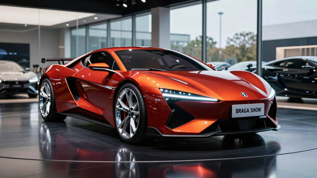 Carro esportivo vermelho metálico exibido em showroom moderno com iluminação refletida no chão brilhante.