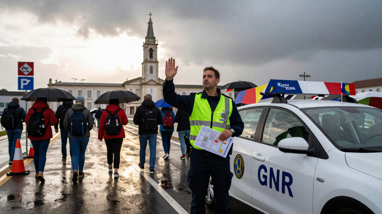 Agente da GNR orienta pedestres sob chuva com guarda-chuvas em rua molhada e igreja ao fundo.