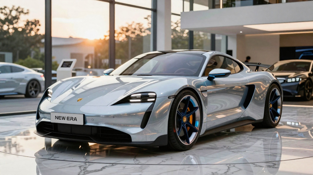 Carro esportivo prata Porsche Taycan em showroom moderno com piso branco e vidros amplos ao pôr do sol.