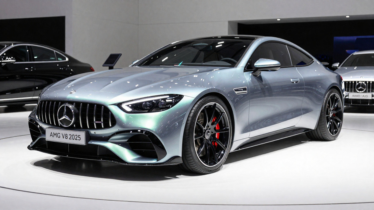 Carro esportivo prata Mercedes AMG V8 2025 exibido em ambiente interno iluminado.