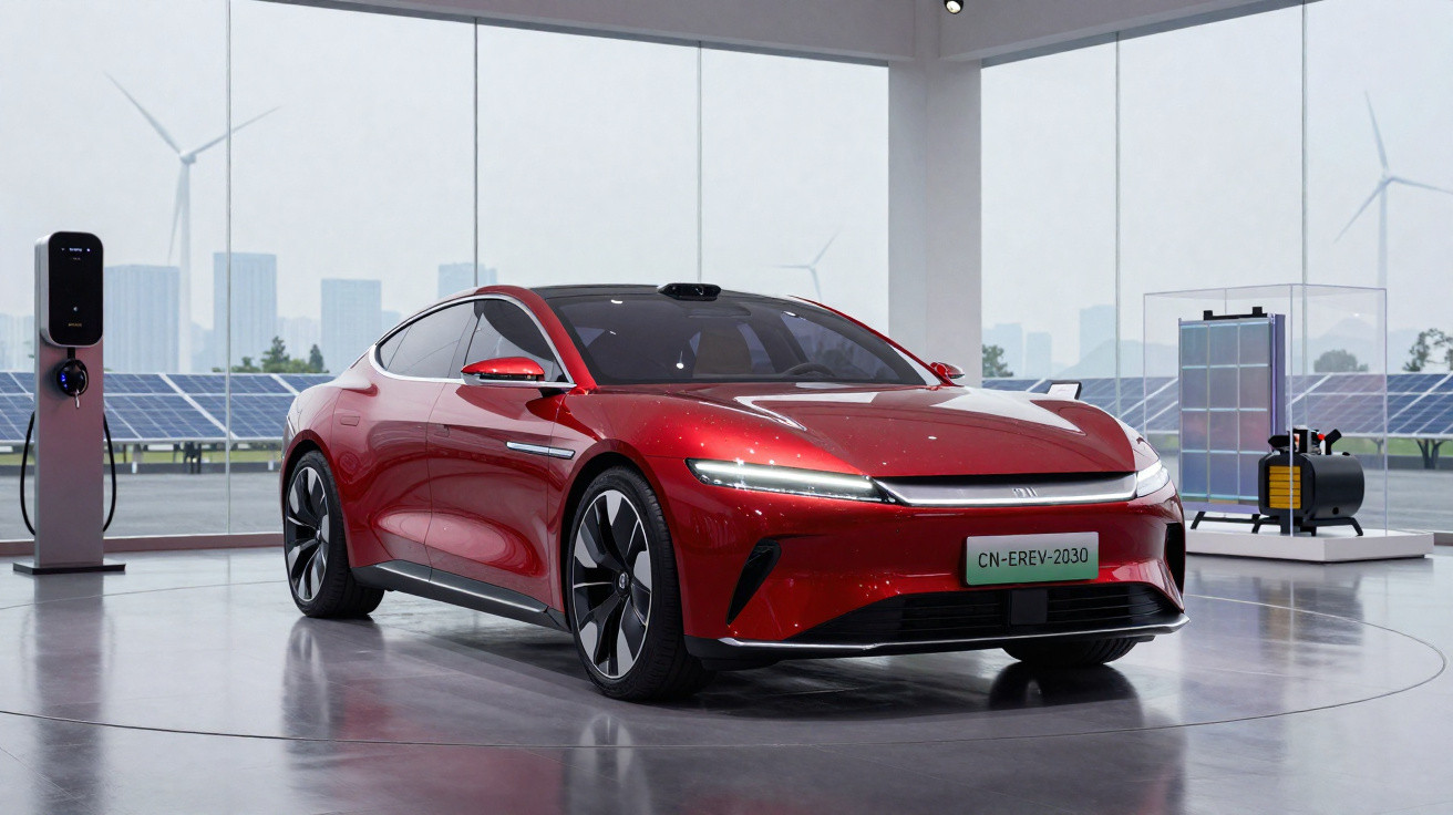 Carro elétrico esportivo vermelho em exposição interna com cenário de turbinas eólicas e painéis solares ao fundo.