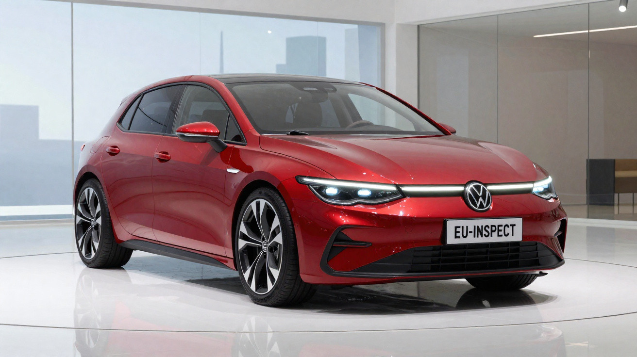 Carro hatchback vermelho Volkswagen elétrico em ambiente interno moderno e iluminado.