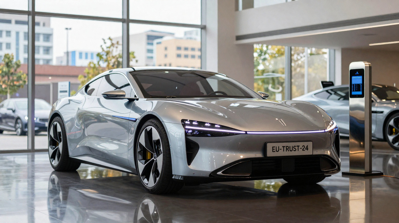 Carro elétrico esportivo prata estacionado em salão moderno próximo a estação de recarga.