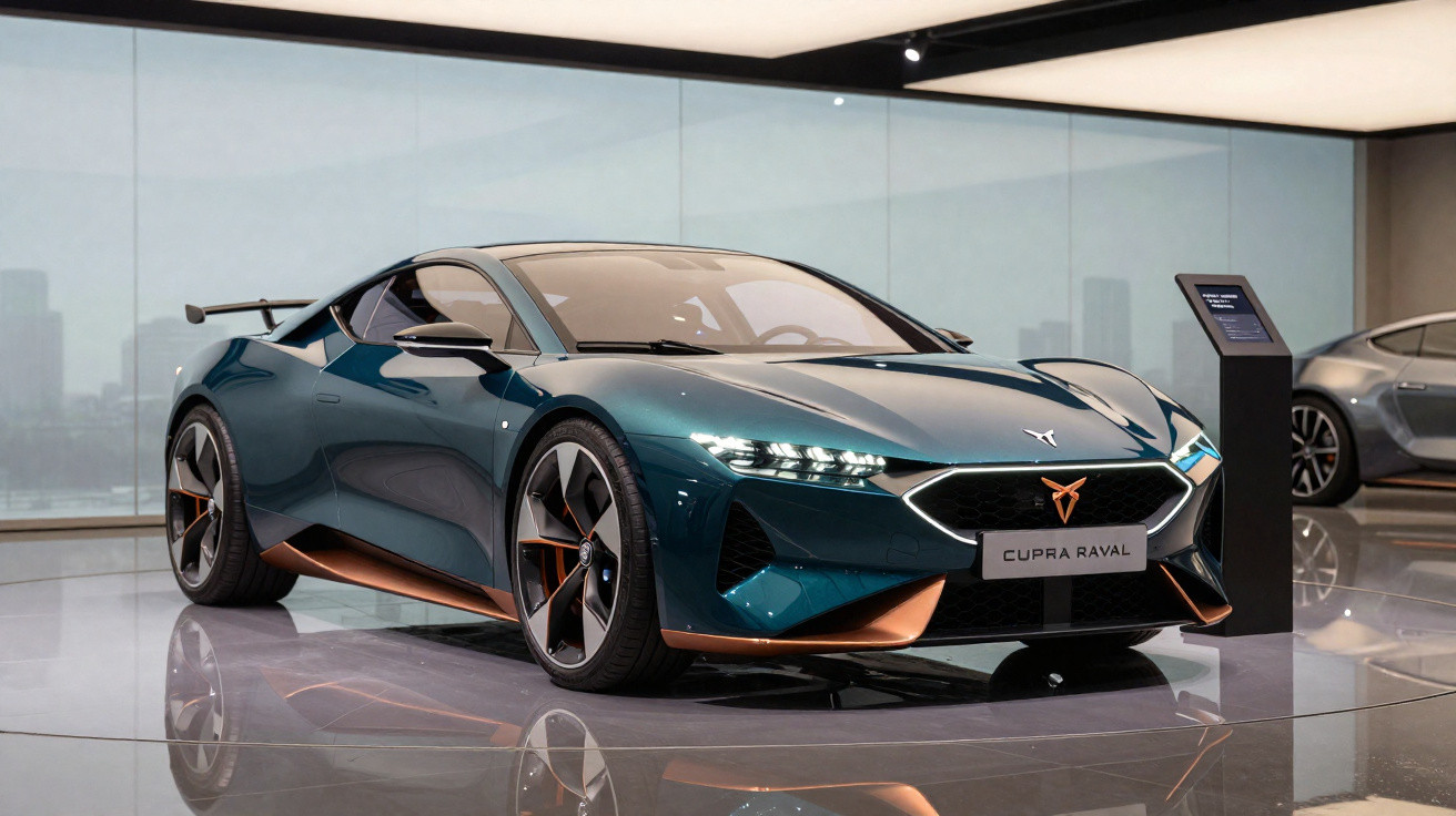 Carro esportivo elétrico Cupra Raval azul com detalhes cobre em exposição interna moderna.