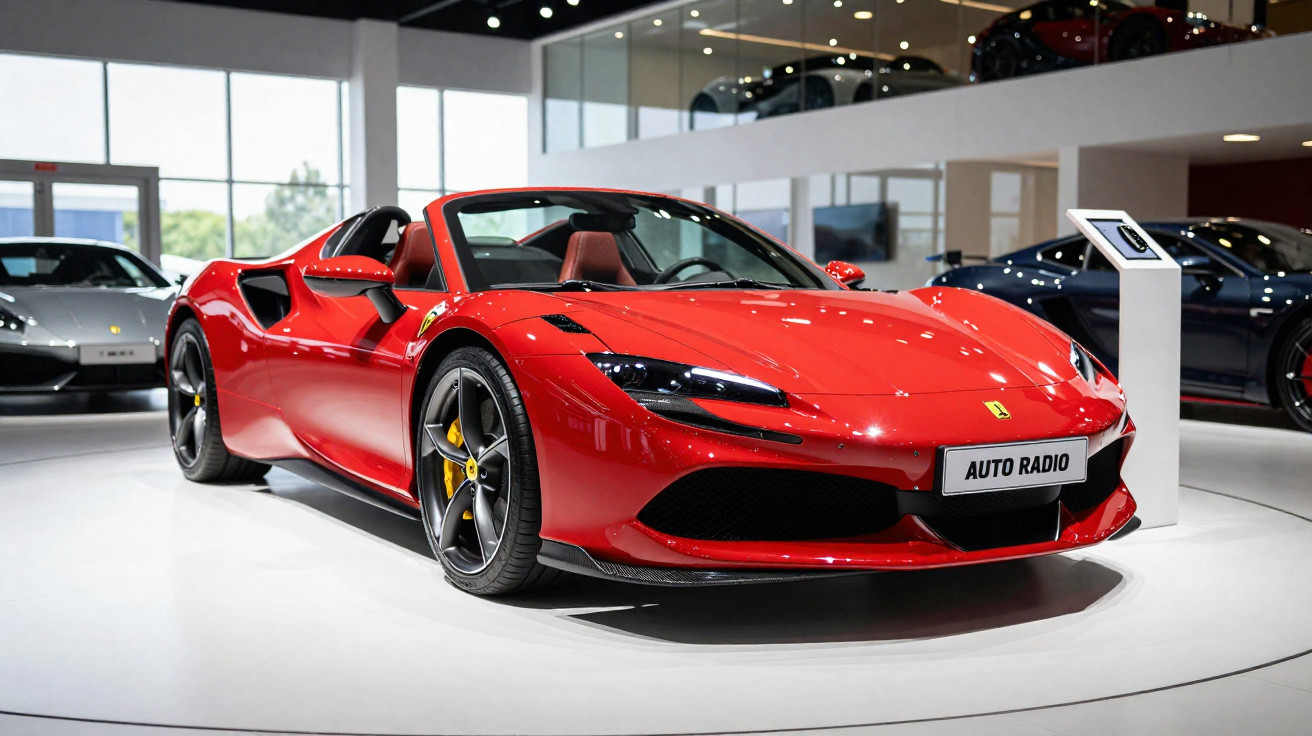Carro esportivo conversível vermelho em exposição em showroom moderno e iluminado.